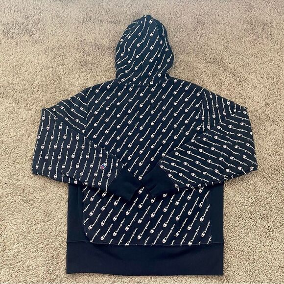 Champion Brand Blue Reverse Weave All Over Logo Print Hoodie Sweatshirt SZ M EUC - Picture 4 of 12